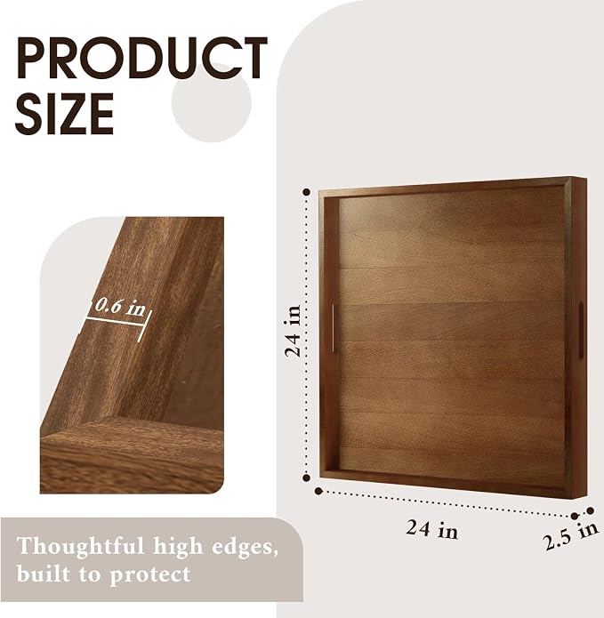 Extra Large Ottoman Tray, 24" Square Black Walnut Wood Serving Tray | Farmhouse Wooden Decorative Tray with Handles, Oversized Coffee Table Tray, Serving Platter Tray for Living Room, Countertop