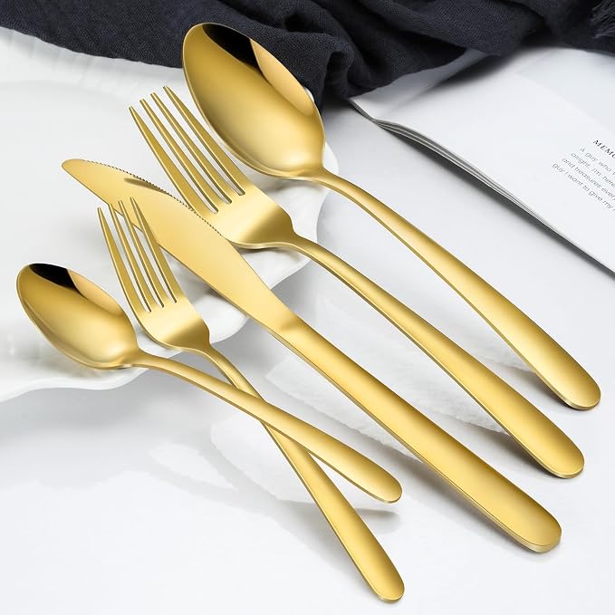 Hunnycook 20-Piece Gold Silverware Set - Stainless Steel Silverware Set for 4, Includes Forks Spoons and Knives, Utensil Sets for Home Kitchen Restaurant, Dishwasher Safe