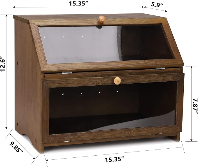 HOMEKOKO Double Layer Bread Box, Wooden Bread Storage Bin, Brown | Keeps Bread Fresh 3-4 Days, Large Capacity Fits 2+ Loaves, Suitable For Home Kitchen Food Storage Use, See-Through Window