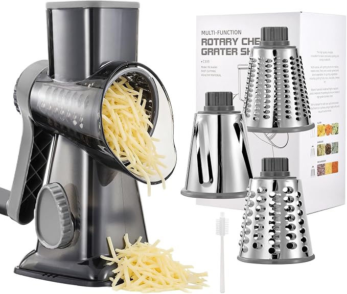 Rotary Cheese Grater Manual Hand Crank 3-in-1 Vegetable Shredde | Finger-safe design, stainless steel drums, suction base. Perfect for cheese, vegetables, nuts & chocolate. Easy to clean