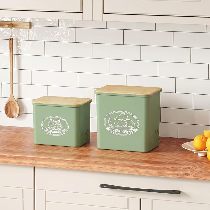 Lifewit Plastic Potato and Onion Storage Bin Box, Set of 2, Green | Stackable Garlic Keeper, Vegetable Container Box, Aerating Holes & Lid for Pantry Countertop