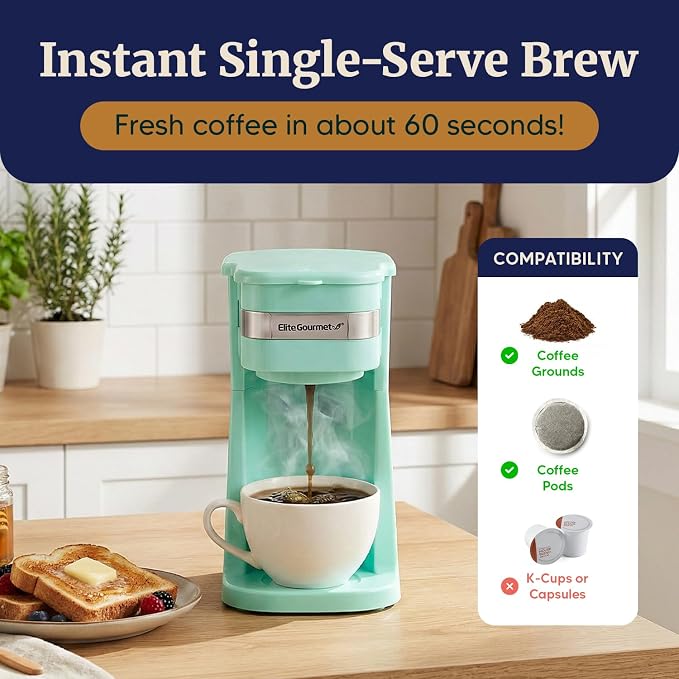 Elite Gourmet EHC113M Personal Single-Serve Compact Coffee Maker, Mint | Includes 14oz stainless steel interior thermal travel mug, reusable filter - compatible with coffee grounds