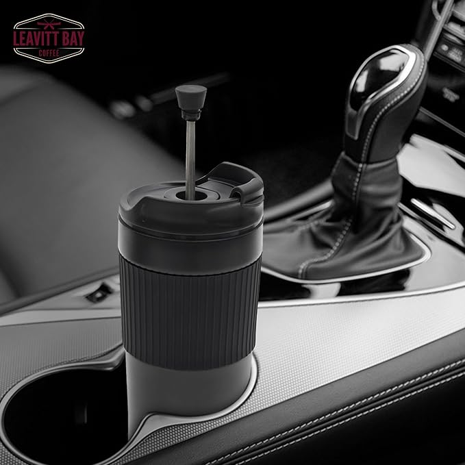 Black Portable French Press Travel Mug & Coffee Maker | Leak-resistant lid Double-wall vacuum insulation ideal for camping & travel