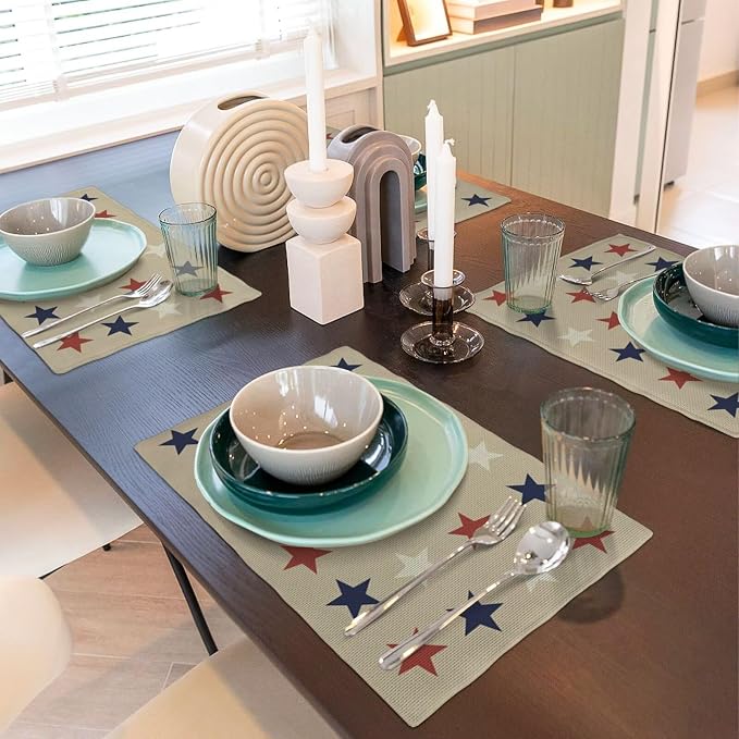 4th of July Placemats Set of 4, Independence Day Blue Red White Stars Patriotic Decorative Table Mat 12 x 18 Inch Heat Resistant Non Slip Line Fabric Place mat for Holiday Party Kitchen Dining
