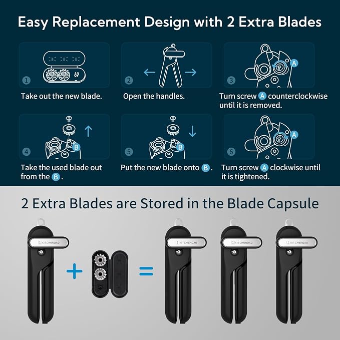 KITCHENDAO Replaceable Can Opener with 2 Extra Blades, Super Sharp Manual Can Opener with Magnet, Smooth Edge Cut Handheld Tin Opener, Large Turning Knob for Seniors & Arthritis, Black