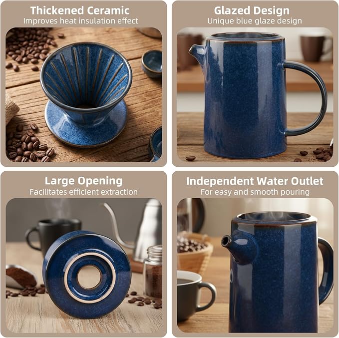 Pour Over Coffee Maker, Ceramic Pour Over Coffee Dripper Set With 20 Paper Filters, 16.5oz/500ml (Royal Blue, V02)