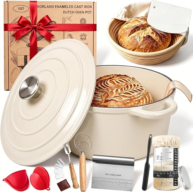Enameled Cast Iron Dutch Oven Pot with Lid 5.5QT, Sourdough Bread Baking Supplies with Banneton Bread Proofing Basket Set & Starter Jar, Unique Dutch Oven for Bread Baking (Cream White)