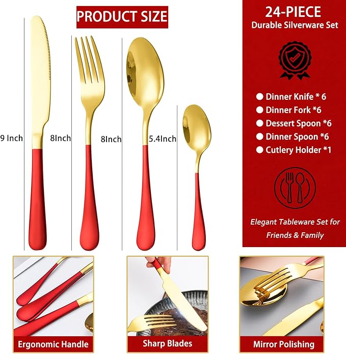 24 Pieces Silverware Set, Stainless Steel Flatware Set with Silverware Holder Spoons Forks Knives,Utensils Set Service for 6,Gold Mirror Polished and Matte Painted Cutlery Set (Red)