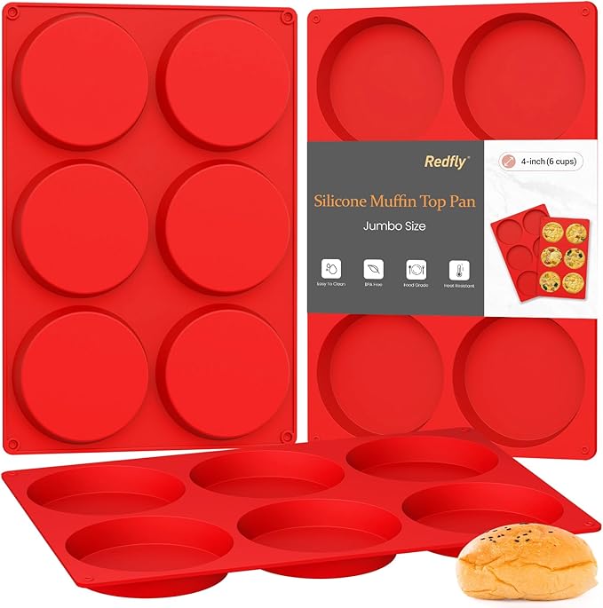 Redfly Silicone Egg Molds for Breakfast Sandwiches 3 Pcs, Non Stick 4 Inch Egg Bites Baking Pans, Jumbo Silicone Muffin Pans for Baking, Round Muffin Top Pan for Whoopie Pie Pan, Hamburger, Fruit Tart