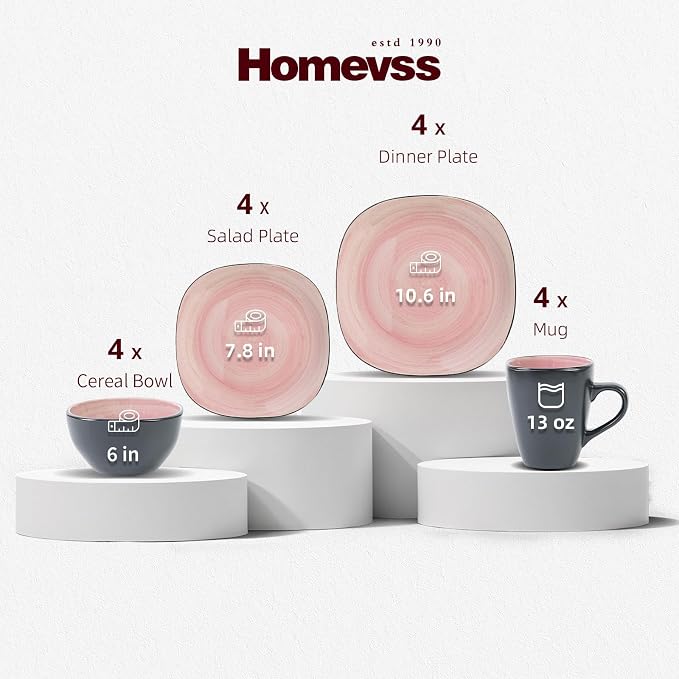 HomeVss, Stoneware Square 16pc Dinnerware Set, Inside Spinwaseh Swirl Rose + Outside Black