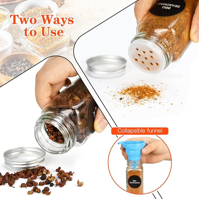 DkOvn 12pcs Glass Spice Jars with Labels, 6oz Empty Spice Jars | with Mental Caps, Shaker Lids, Collapsible Funnel, Chalk Pen, Seasoning Organizer for Spice Rack