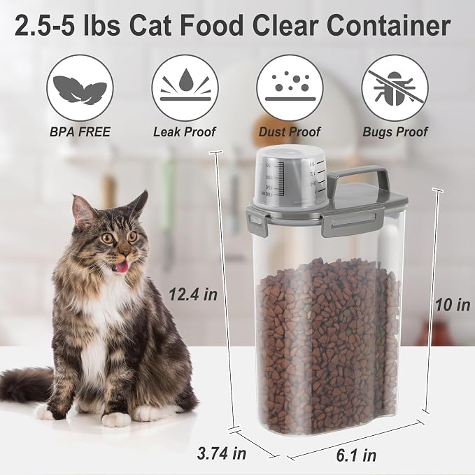 Dog Cat Food Storage Container with Cup (Dark Olive, 2.5L) | Pet Food Pourable Container Airtight with Large Spout, BPA-Free Plastic Food Dispenser for Pet Food, Bird Seed, Rice, Flour