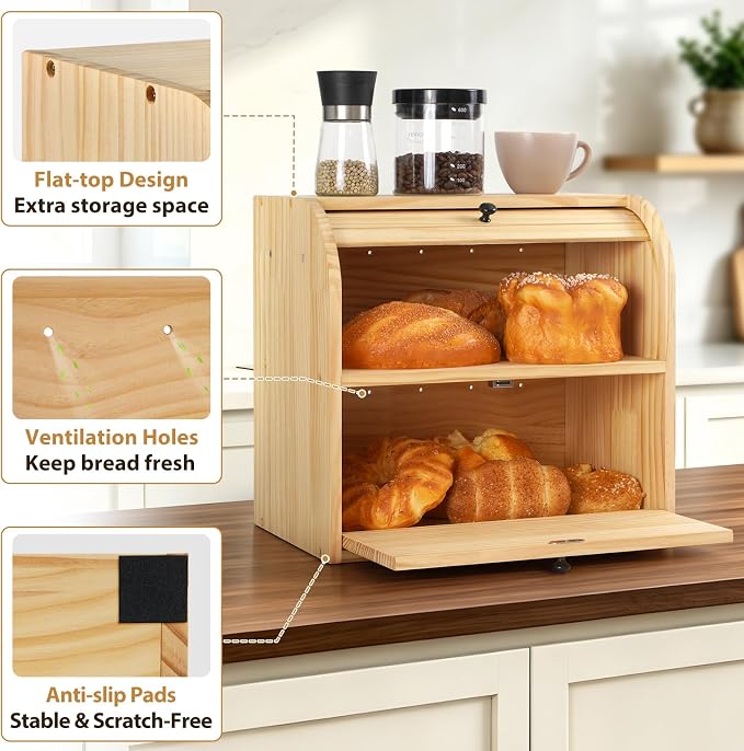 Sunhoo Wooden Bread Box for Kitchen Countertop, Roll Top Breadbox, Natural | Large Double Layer Pantry Container, Solid Wood with Cutting Board, Fresh Homemade Sourdough Bin Cabinet, Vintage Farmhouse