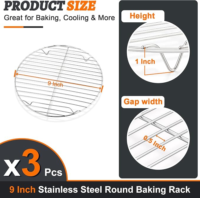 P&P CHEF Round Cooking Rack, Cooling Rack for Steamer, 9”, Silver | 3 Pack Stainless Steel Baking Rack for Grilling Roasting, Fits Air Fryer, Canning Pot, Oven & Dishwasher Safe, Non-toxic