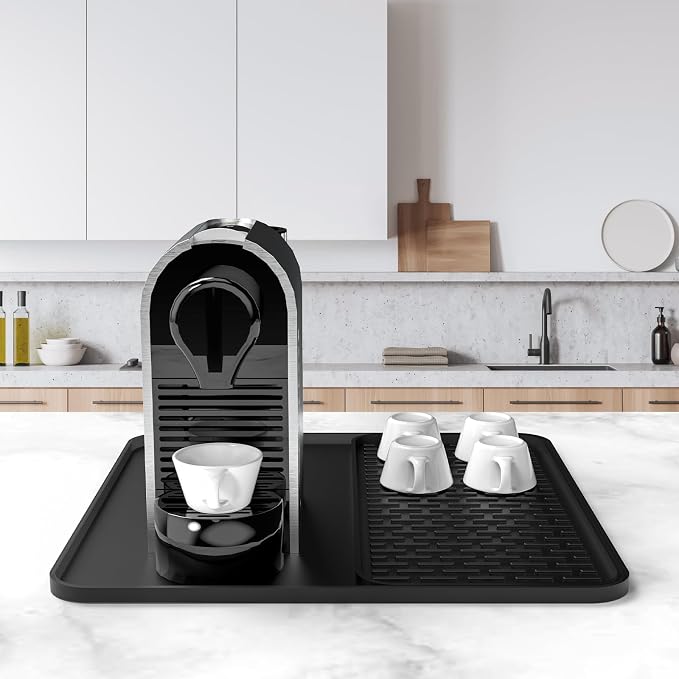Silicone Coffee Mat,16''x16'' Coffee Bar Mat with Detachable Dish Drying Mat for Kitchen Countertops,Coffee Bar Accessories Fit Under Coffee Maker Coffee Machine Coffee Pot Espresso Machine Dish Rack