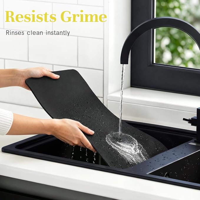 Soft Dish Mat & Dish Drying Rack Set, Large, Black | Quick-drying, easy-to-clean dish mat with rust-proof stainless steel dish rack. Ideal for kitchen counter.