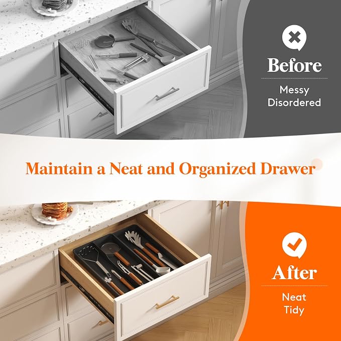 Lifewit Utensil Organizer for Kitchen Drawer, Expandable Cooking Tray | Adjustable Cutlery Flatware Holder, Plastic Silverware Spatula Tools Storage Divider, 8.9-14.4 x 15.8", Black