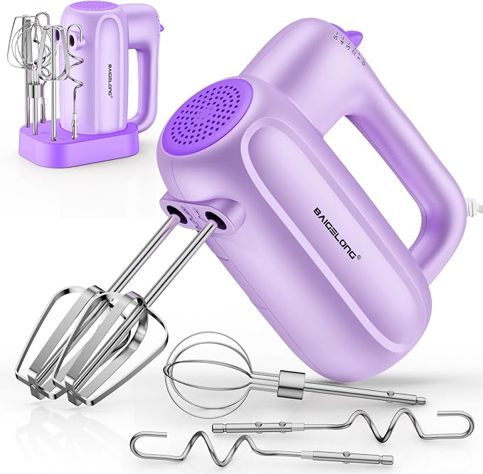 BAIGELONG Hand Electric Mixer, 5-Speed KitchenMixer with 5 * 304 Stainless Steel Attachments + Storage Base, Food Handheld Mixer for Baking, Whipping Cream, Cake Mixing, Purple
