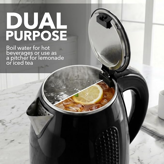 OVENTE 1.7L Double Wall Electric Tea Kettle, 1100W Power, Black KD64B | Water Boiler with Cool-Touch Exterior, Stainless Steel Interior, Auto Shut-Off, Boil-Dry Protection & Locking Lid, Easy Clean