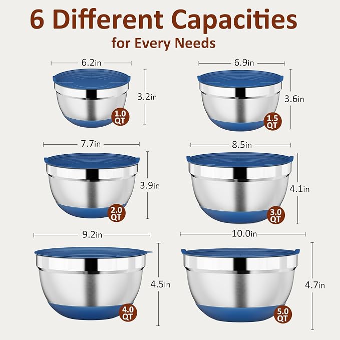 9 Pack Mixing Bowls with Airtight Lids & Grater Attachments, Blue | Stainless Steel Bowl, Non-slip Bases, Nesting Kitchen Bowl, Size 5, 4, 3, 2, 1.5,1QT,for Food Prep, Baking, Storage & Serving