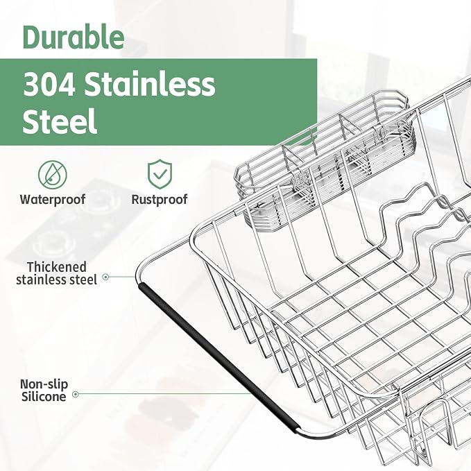 Fanbsy Dish Drying Rack in Sink, Extendable Stainless Steel Dish Drainers for Kitchen Counter, Anti-Rust Dish Dryer Rack with Utensil & Cup Holders, for Inside Sink, Over The Sink