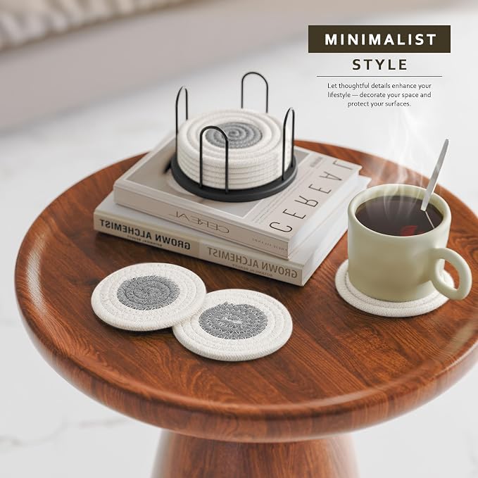 Lazebox Coasters Set of 8 for Drinks, 4 Inch Large Coasters for Coffee Table, Tabletop Protection for Hot & Cold Drinks, Versatile Coasters for Home Decor, Non-Slip & Easy to Clean, White with Grey
