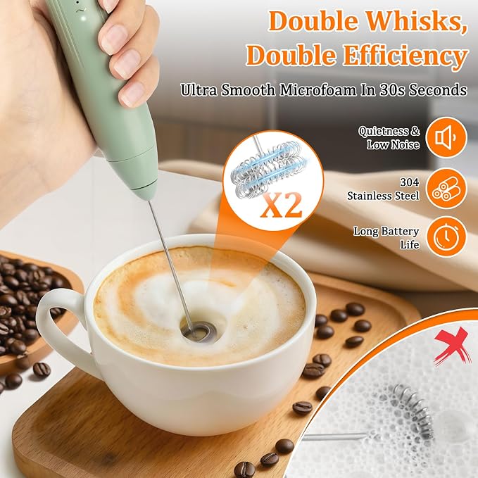 TonJin Frother Wand Rechargeable USB-C Milk Frother Handheld Mixer Electric with 2 Whisk Heads, 3 Speeds Adjustable Coffee Drink Mixer with Stand for Lattes, Matcha, Hot Chocolate, Egg, Matcha(Green)