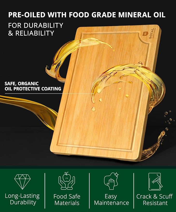 ROYAL CRAFT WOOD Bamboo Cutting Board | with Juice Groove - Kitchen Chopping Board for Meat Cheese and Vegetables, Heavy Duty Serving Tray