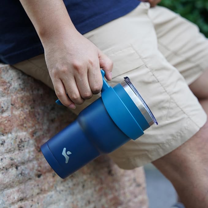 Konokyo 20 oz Tumbler with Handle and Straw, Insulated Travel Mug | Navy Blue; BPA-free, leak-proof tumbler with 2 lids, 2 straws, cup holder fit for coffee, office, travel & daily use