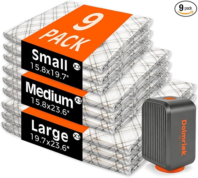 9-Pack Vacuum Seal Bags for Clothing Travel with Cordless Pump | Vacuum Storage Bags for Clothes with 4000Pa Suction, 2400mAh Rechargeable Pump, Carry-On Packing for Luggage and Suitcases