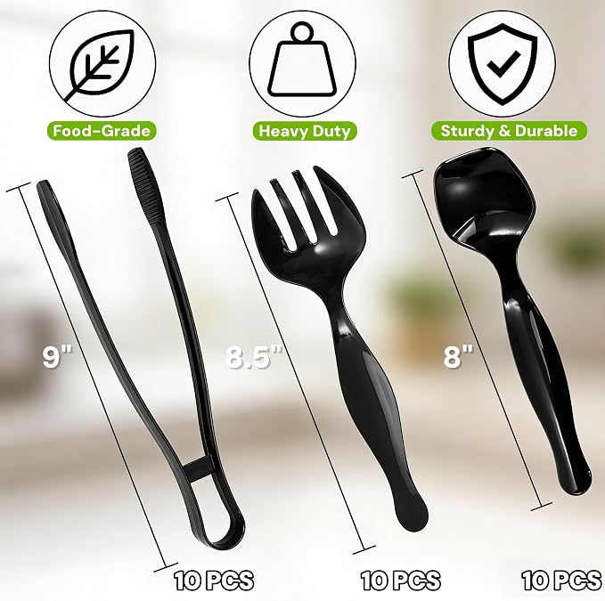 30 Pcs Plastic Serving Utensils, Disposable Black Serving Spoons Forks Tongs, 9'' Heavy Duty Party Utensil for Catering Buffets Dinner Weddings Salad Noodles Soup Daily Use