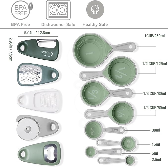 Kitchen Gadgets Set 13 Piece, Space Saving, RV Essentials, Green | Space Saving Cooking Tools, Collapsible Measuring Cups, Measuring Spoons, Stackable Kitchen Gadgets for Small Space