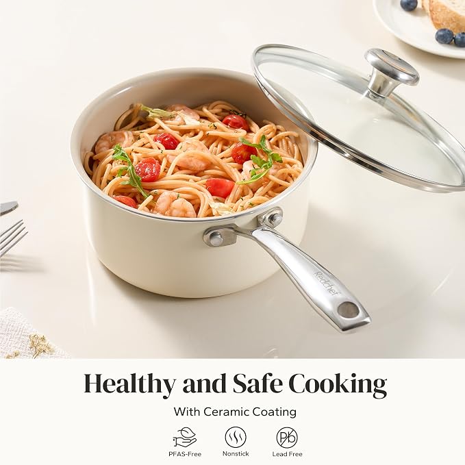 Redchef Nonstick Ceramic Sauce Pan With Lid, 3.5QT Small Cooking Pot with Stay-Cool Handle, Kitchen Non Toxic Soup Pot, PTFE & PFOA Free, Oven & Dishwasher Safe, Compatible with All Stovetops-Beige