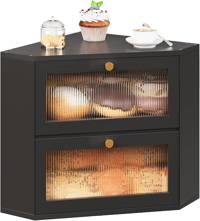 Trironsun Corner Bamboo Bread Box for Kitchen Counter Double Layer Bread Storage Container Large Capacity Bread Storage Bin with Wavy Arcylic Transparent Door (Black)