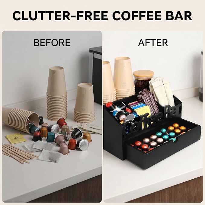Coffee Bar Organizer Countertop, Wooden Coffee Station with Black Drawer | Coffee Pods, Tea Bags, Creamers & Condiments