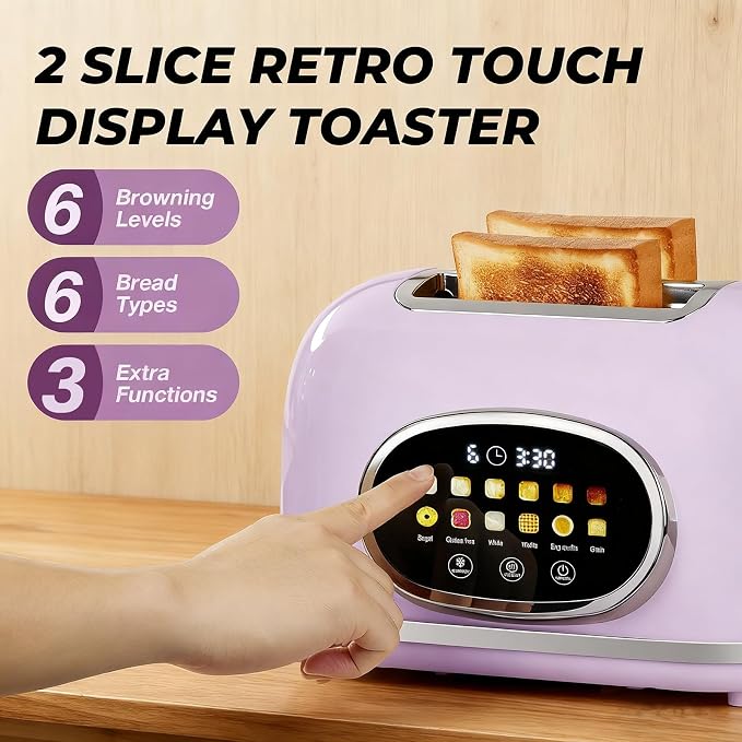 Roter Mond Smart 2 Slice Toaster, Touchscreen, Bagel Defrost, Light Purple | Retro stainless steel, digital timer & sleep mode, 6 bread types & shades, defrost/reheat/cancel,even toasting wide slots