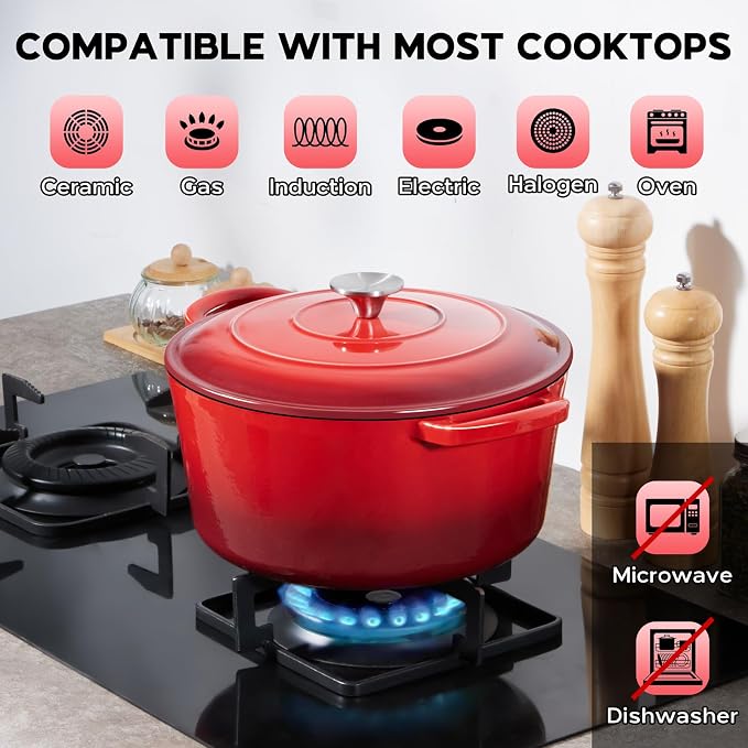 3QT Dutch Oven Pot with Lid, Onader Enameled Cast Iron Small Dutch Oven for Bread Sourdough Baking, Heavy Duty - Red