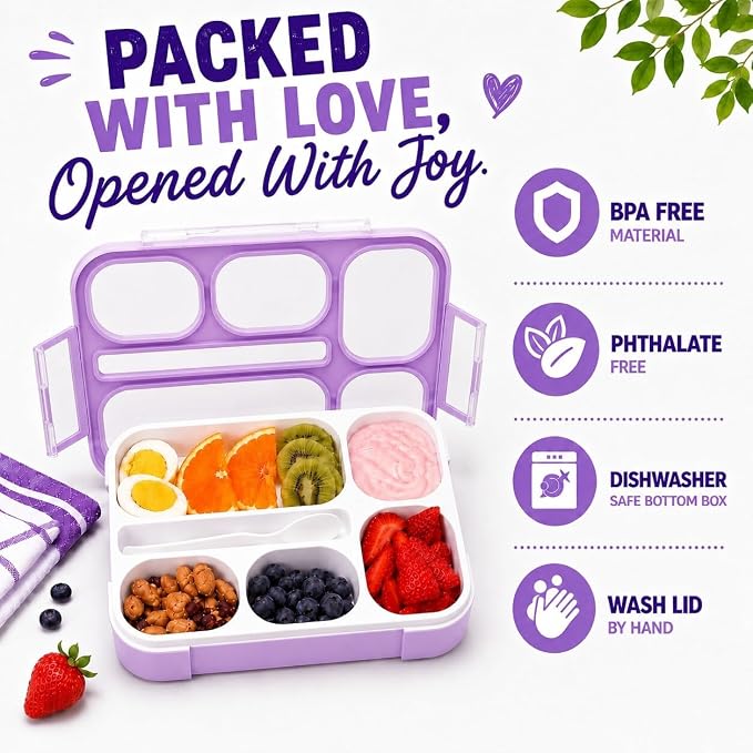 Bento Lunch-Box and Snack Container Set for Kids, 6 and 3 Compartment Boxes Leakproof School Bentos Meal Portion Control Containers BPA Free, Boys Girls Adults, Purple Lilac Large + MINI 2 Pack