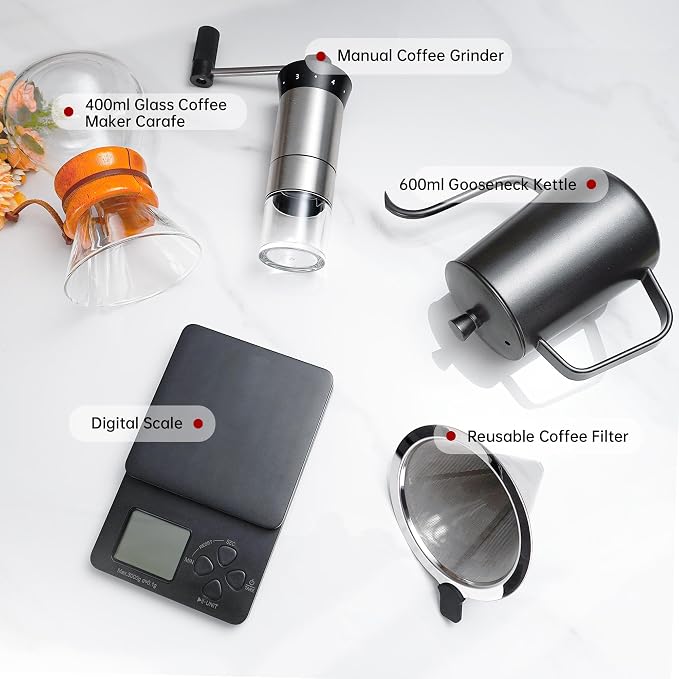 Pour Over Coffee Maker Set with Manual Coffee Grinder and Coffee Scale | Complete Coffee Maker Set, Pour Over Coffee Dripper and V60 Coffee Filter Set, Hand Coffee Grinder Set, Ideal Birthday Gift