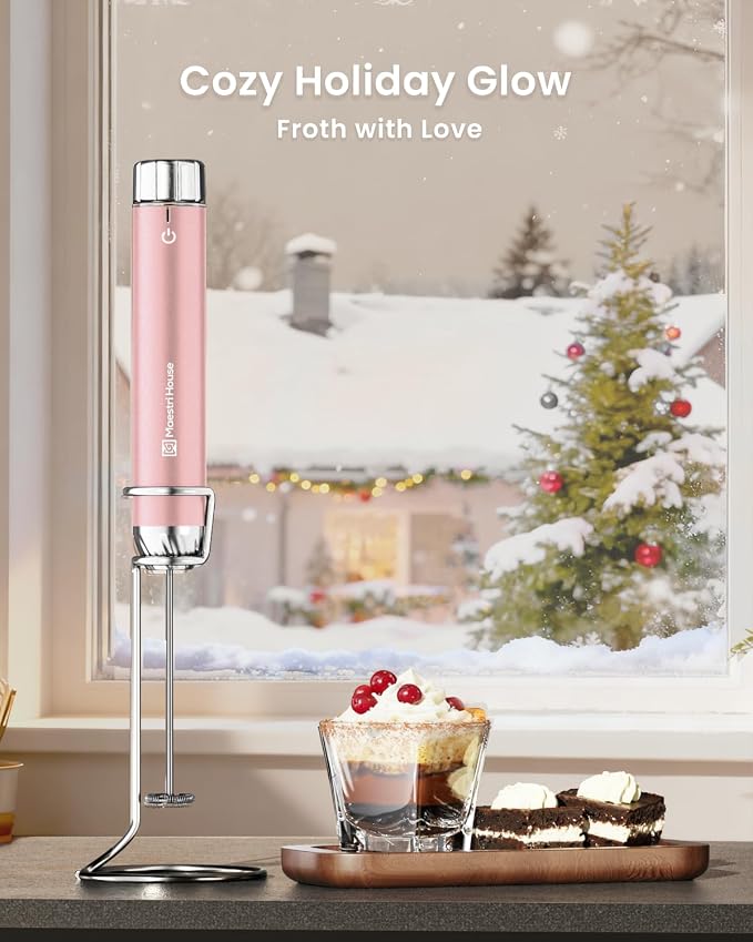 Maestri House LunaFro Max Rechargeable Milk Frother,Stepless Speed Control | 2000mAh lithium battery Frother Handheld, IPX6 Electric Drink Mixer with Stand & 2 Detachable Whisks for Lattes, Cappuccino