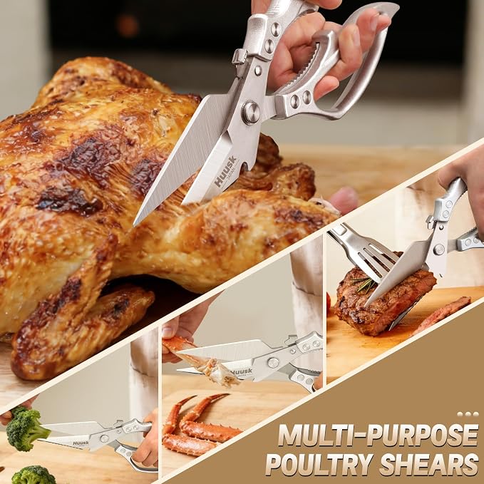 Huusk Kitchen Scissors for Food - Multifunction Poultry Shears Heavy Duty | Japanese SK5 Steel Kitchen Shears for Meat, Fish, Chicken Bones, Turkey, Ergonomic Non-Slip Silver Handle, Gifts for Women