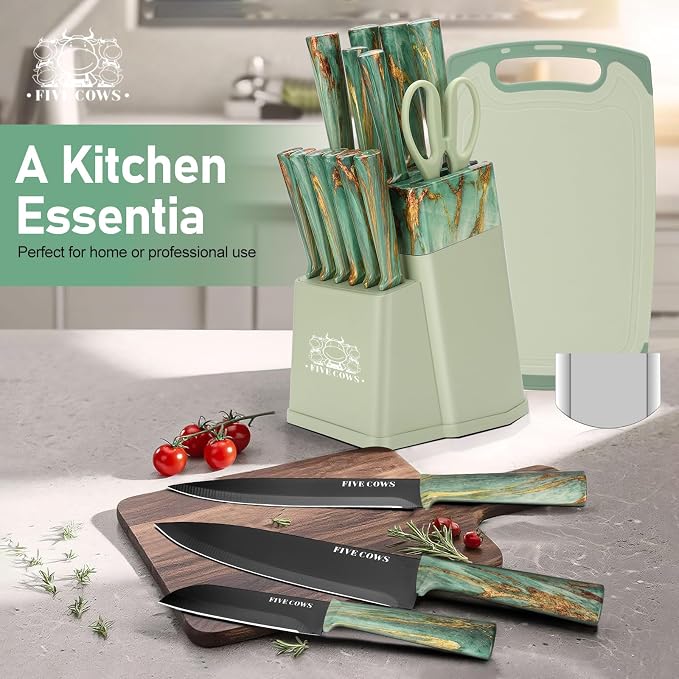 16-Piece Kitchen Knife Block Set with Cutting Board - German Stainless Steel Knives, Built-In Sharpener, Dishwasher Safe, Anti-Slip Handle - All-in-One Cutlery Set for Home/Kitchen (Cyan)