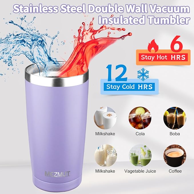 MEZMUT 20oz Insulated Tumbler Travel Coffee Mug with Lid Straw(Purple,1) | 18/8 Stainless Steel Double Wall Vacuum Spill Proof Metal Insulated Tumbler with Daul Lid and Straw, Hot or Iced Coffee Cup