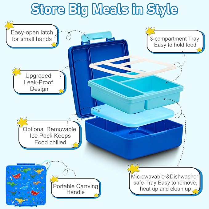 Bento Lunch Box for Kids with 17oz Soup Thermo,Insulated Tumbler Water Bottle and Insulated Lunch Bag,Leak-Proof 3 Compartment Lunch Food Container with Ice Pack for Kids to School-Dinosaur