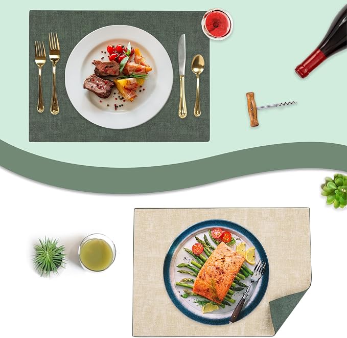 Leather Placemats Table Mats Set of 6, Dark Green and Beige | Reversible Non-Slip Table Placemats, Heat-Resistant and Waterproof for Dining Kitchen and Holiday Parties