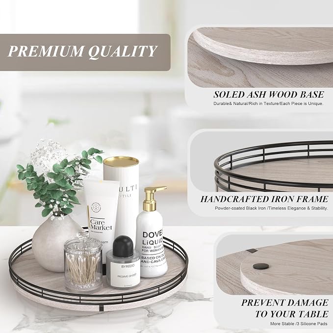 AMH 13-Inch Rustic Whitewashed Oak Lazy Susan Vanity Tray | Smooth rotating oak tray with walnut finish for dining tables, kitchen counters, pantries and cabinet storage.