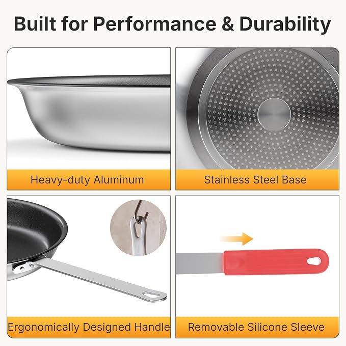 NEWBULIG Nonstick Frying Pan, 10 Inch Heavy-Gauge Aluminum Skillet with Ceramic Nonstick Coating & Stainless Steel Base for Induction, Electric, Gas, Oven Safe, Red Hanging Handle | Aluminum body even heating, steel handle silicone grip, oven safe 392°...