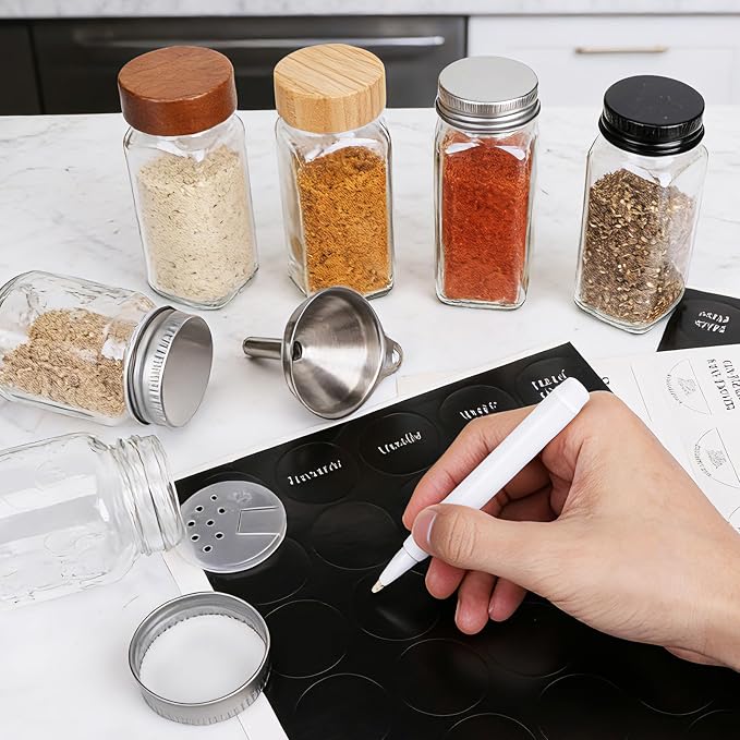 24 Pack Glass Spice Jars with Labels, 4oz Spice Containers with Black Lids | Includes 249 Labels, Metal Funnel, Extra Shaker Lids & Stirring Stick for Kitchen Seasoning Organization