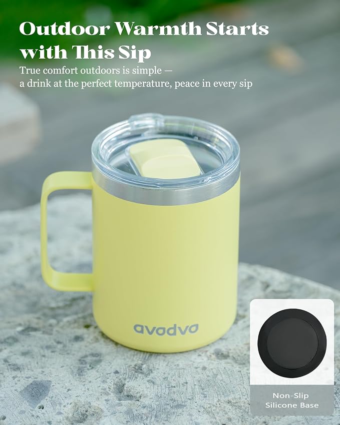 12oz Insulated Coffee Mug with Lid – Includes Two Lids, Stainless Steel Coffee Travel Mug with Handle, Double Wall Vacuum Insulated Camping Mug for Home, Office & Outdoor, Yellow