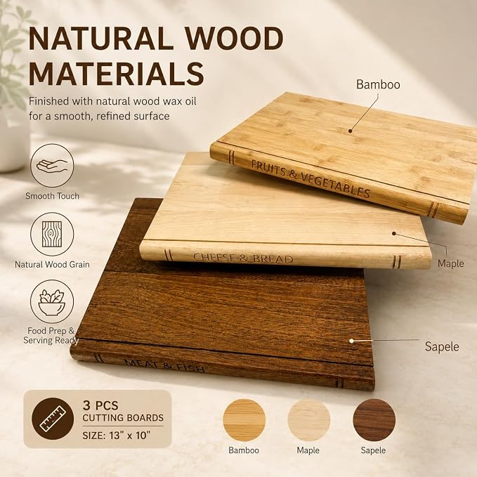 Book Shaped Cutting Board Set, 3 Boards, 13 x 10 x 0.8 Inches, Walnut Stand | Natural Maple, Sapele and Bamboo, Food-Safe Wax Oil Finish, Knife-Friendly Surfaces, Upright Display and Gift for Book Lovers